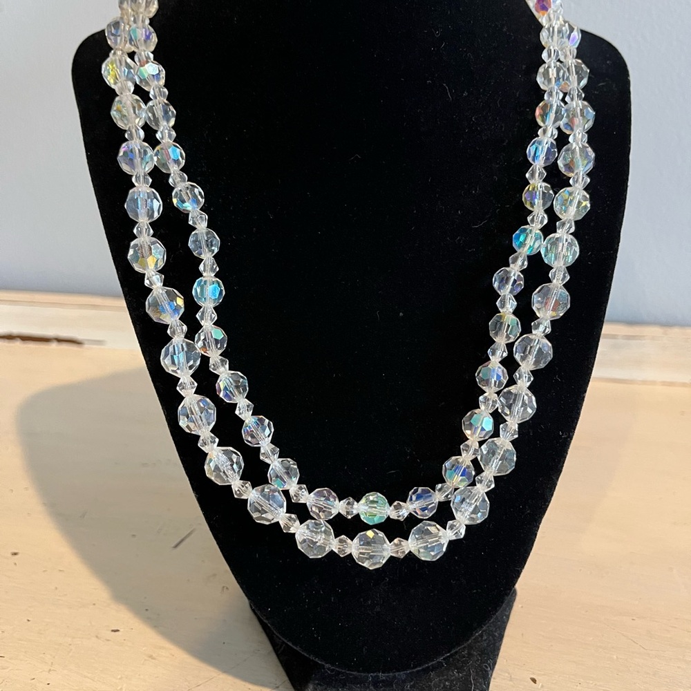 Vintage Double Strand Faceted Glass Aurora Borealis Bead Necklace Adjustable